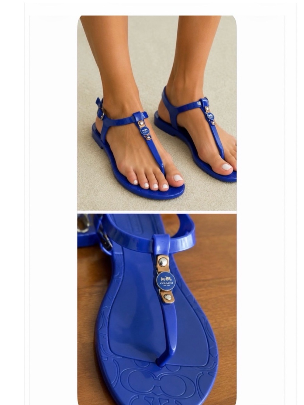 Coach blue jelly sandals t-strap thong signature logo woman 7 resort beach